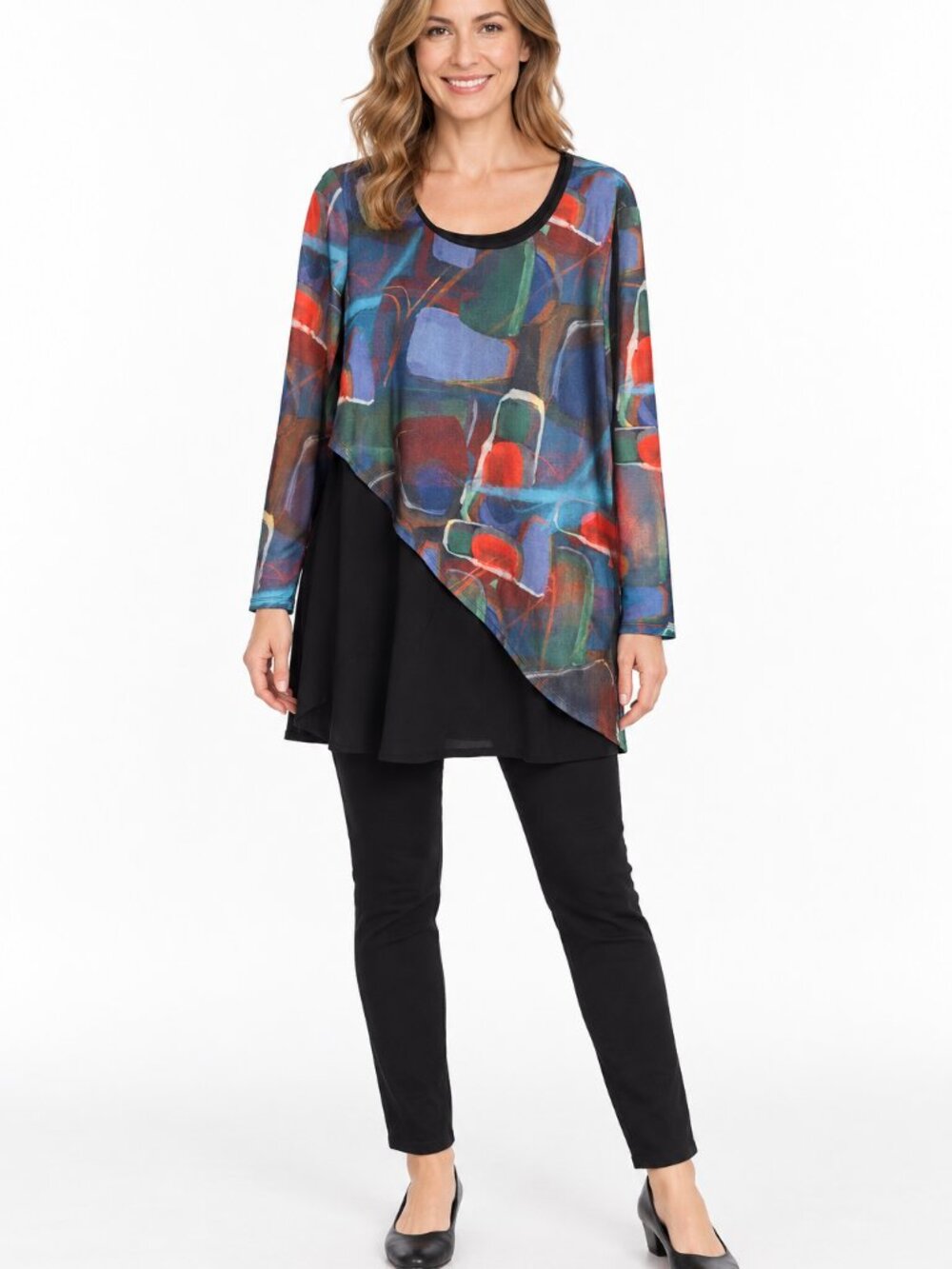 ZOE Abstract Geo Print Asymmetrical Layered Tunic Top Size L Made in Canada